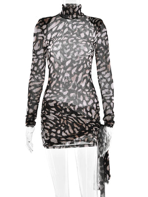 VILZSTUDIOS Leopard Print Sheer Turtleneck Mini Dress