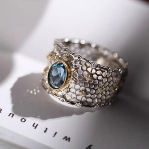 VILZSTUDIOS Blue Stone Geometric Honeycomb Ring