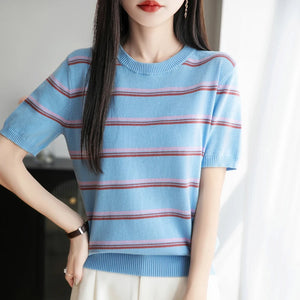 VILZSTUDIOS Striped Cotton Knitted Round Neck T-Shirt
