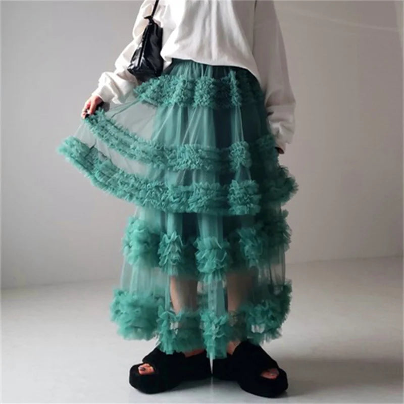 VILZSTUDIOS Ethereal Tiered Ruffled Mesh A-Line Skirt