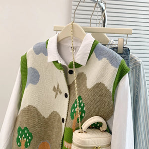 VILZSTUDIOS Oversized Jacquard Knit Sleeveless Cardigan