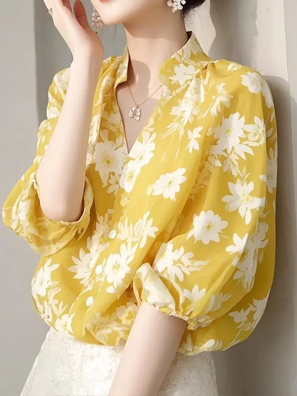 Unique Yellow Floral Printed Women's Shirt