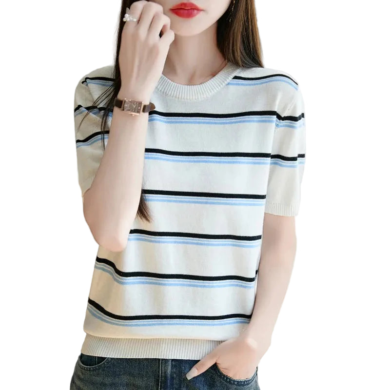 VILZSTUDIOS Striped Cotton Knitted Round Neck T-Shirt