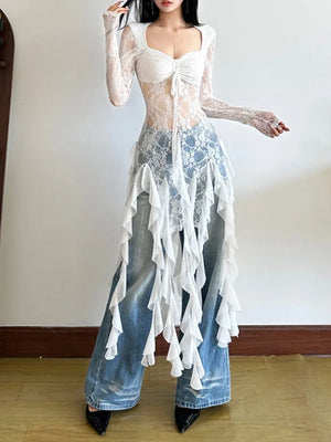 VILZSTUDIOS Sexy Mesh Lace Maxi Top with Ruffles