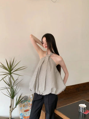 VILZSTUDIOS Halter Neck Puffy Striped Top