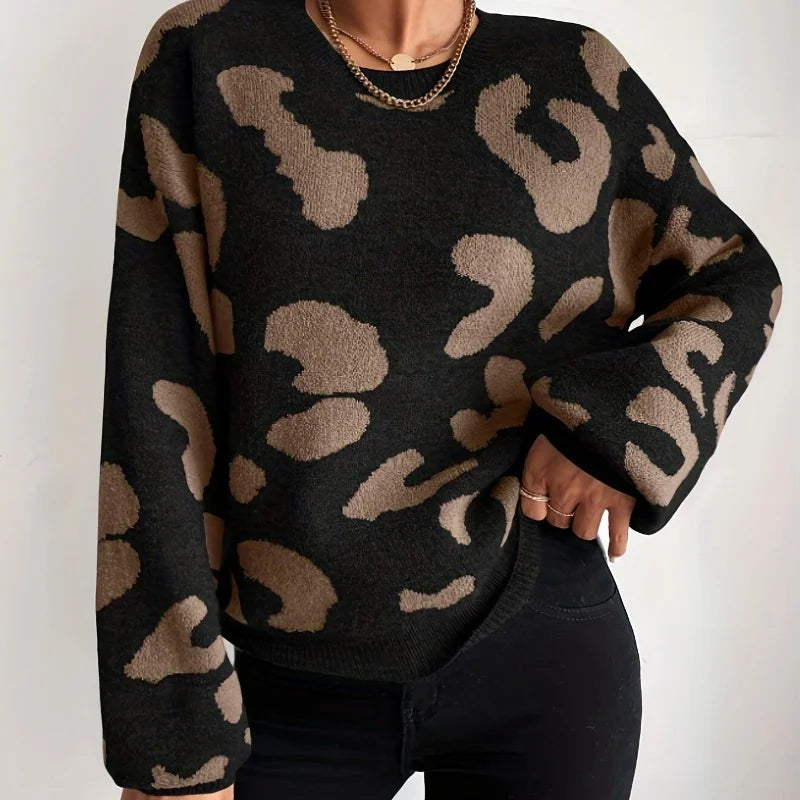 VILZSTUDIOS Leopard Print Slim O-Neck Sweater