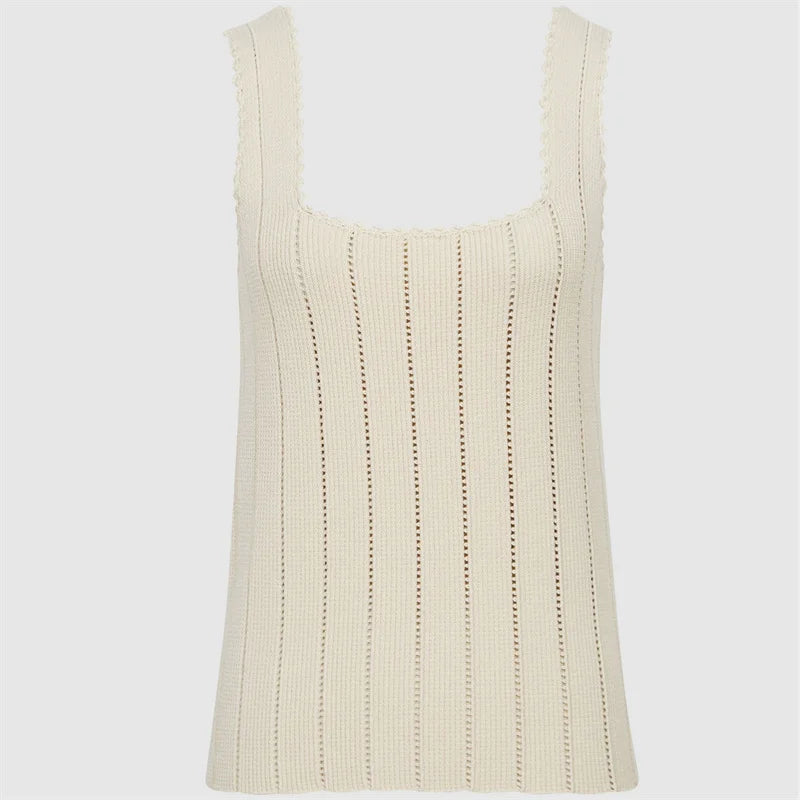 VILZSTUDIOS Hollow Out Lace Trim Knit Tank Top