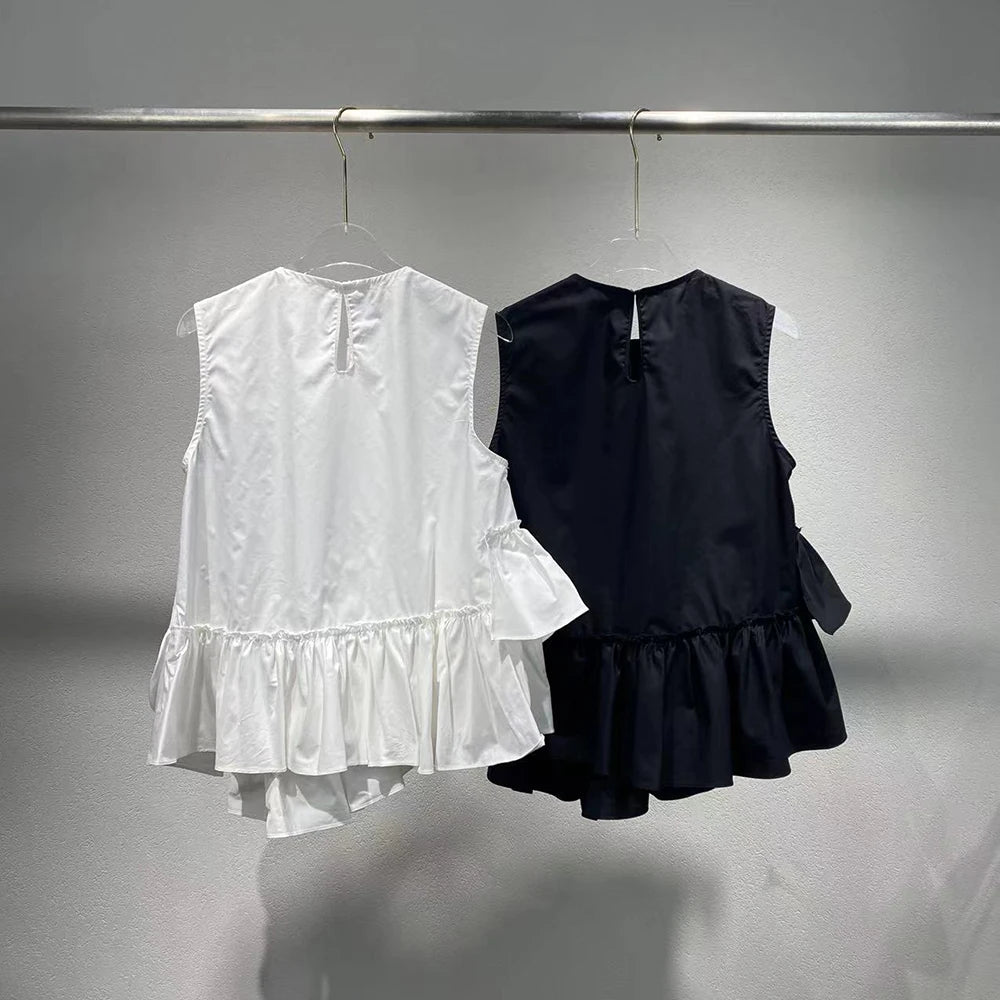 VILZSTUDIOS Elegant Ruffle Cotton Sleeveless T-Shirt