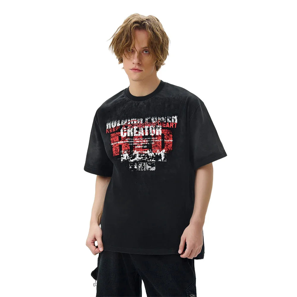 VILZSTUDIOS Vintage Distressed Print Short Sleeve T-Shirt