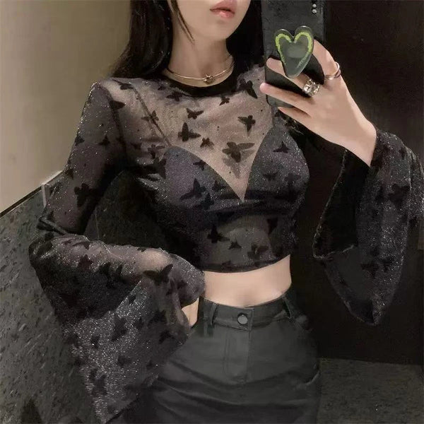 Lace Butterfly Embroidered Mesh Crop Top