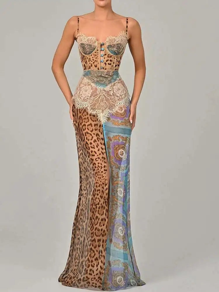 VILZSTUDIOS Leopard Print Sexy Maxi Dress Summer