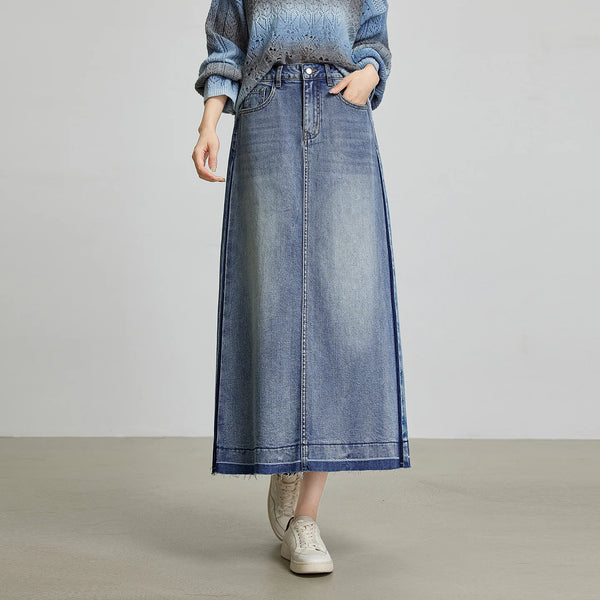 Contrasting Color Open Back Denim Skirt