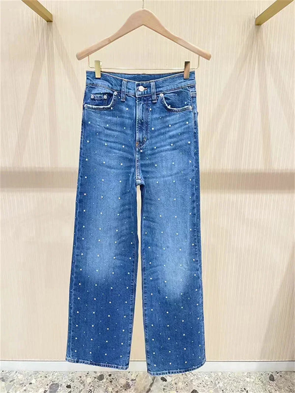 High Waist Blue Beaded Straight Leg Jeans