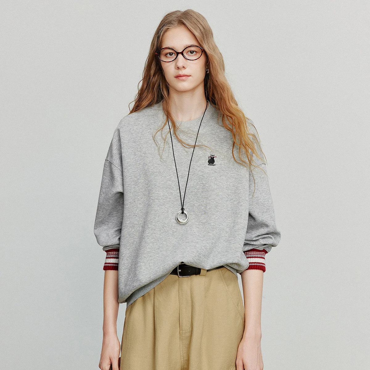 VILZSTUDIOS Cat Embroidery Striped Knit Pullover Shirt