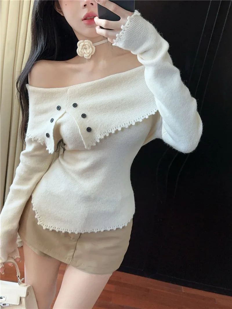 VILZSTUDIOS Chic Flower Knitwear Slash Neck Sweater