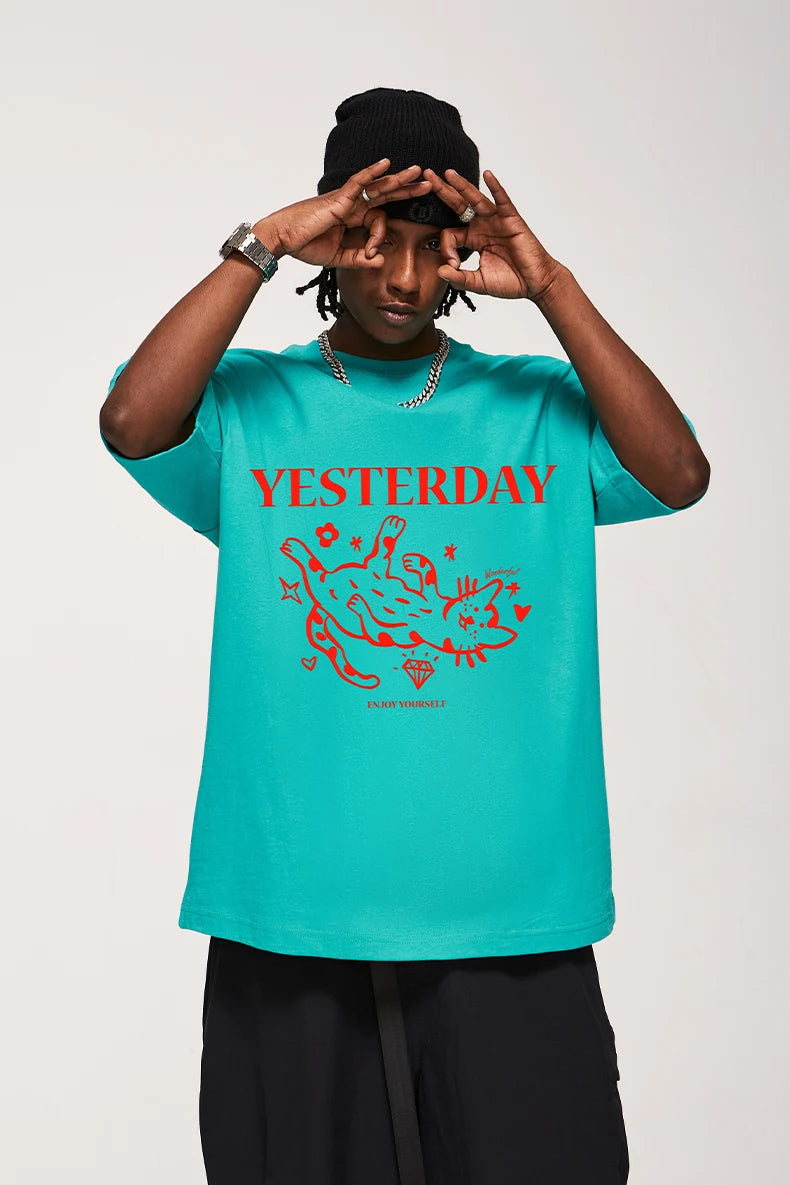 VILZSTUDIOS Blue Green Color Block Cat T-Shirt
