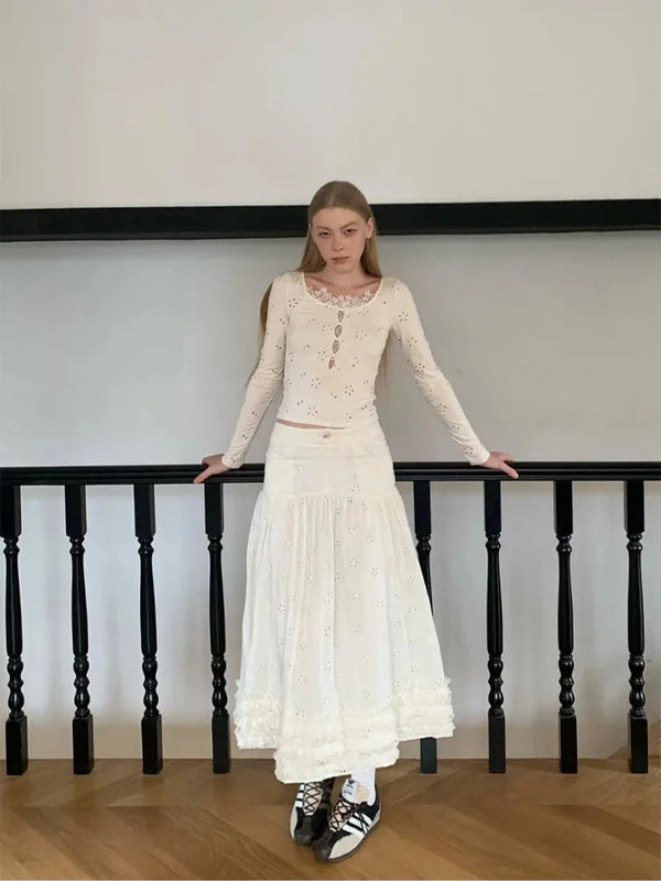 White Lace Embroidered High Waist Skirt