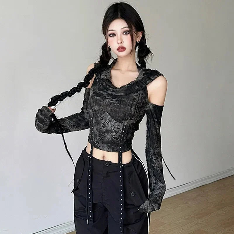 VILZSTUDIOS Gothic Hollow Out Hooded Long Sleeve Top