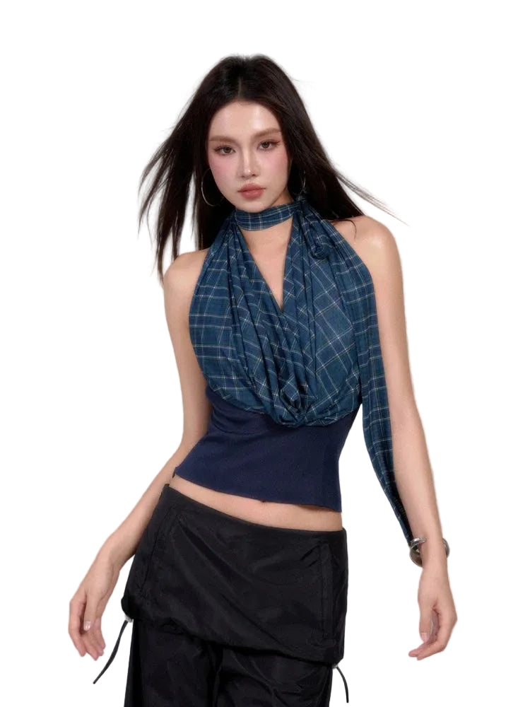 VILZSTUDIOS Blue Plaid Mesh Backless Halter Top