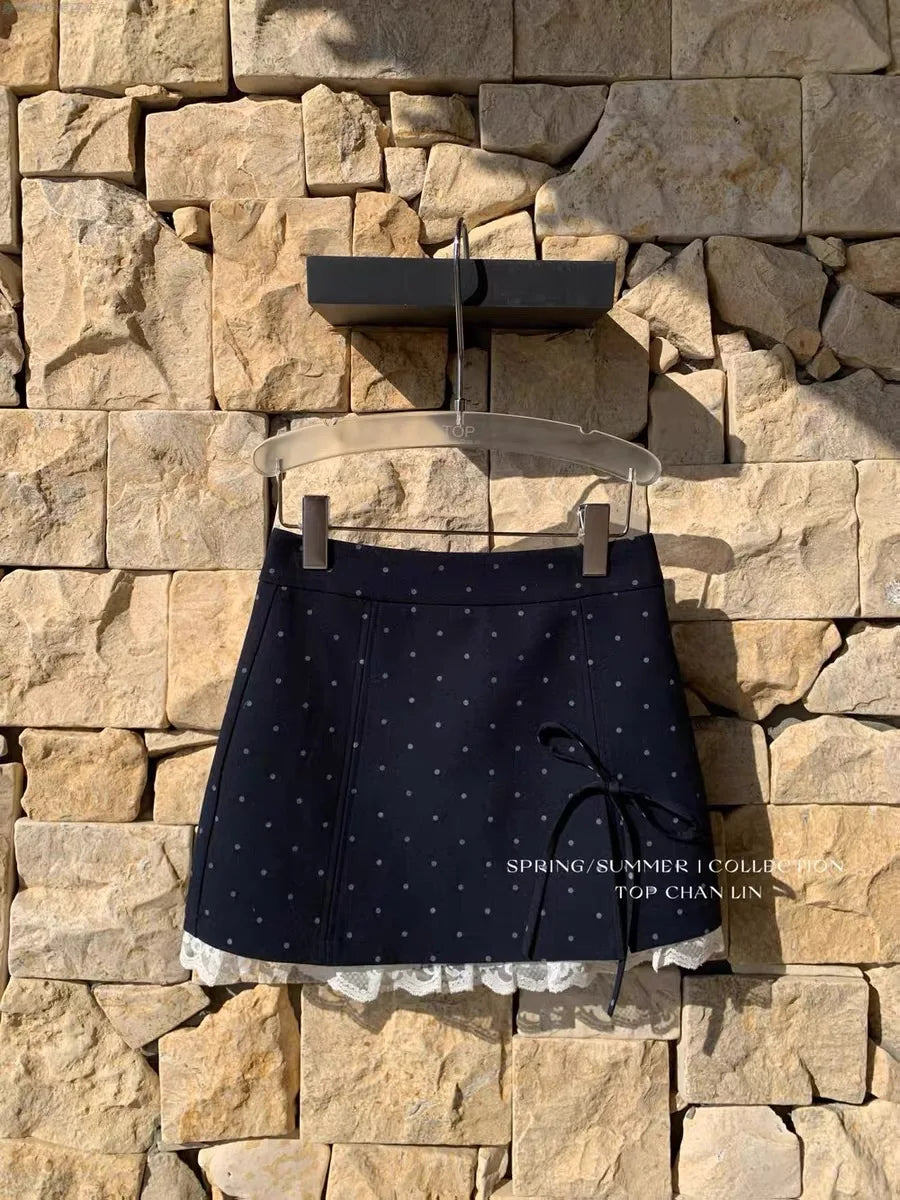 VILZSTUDIOS Sweet Lace Bow Splicing Mini Skirt
