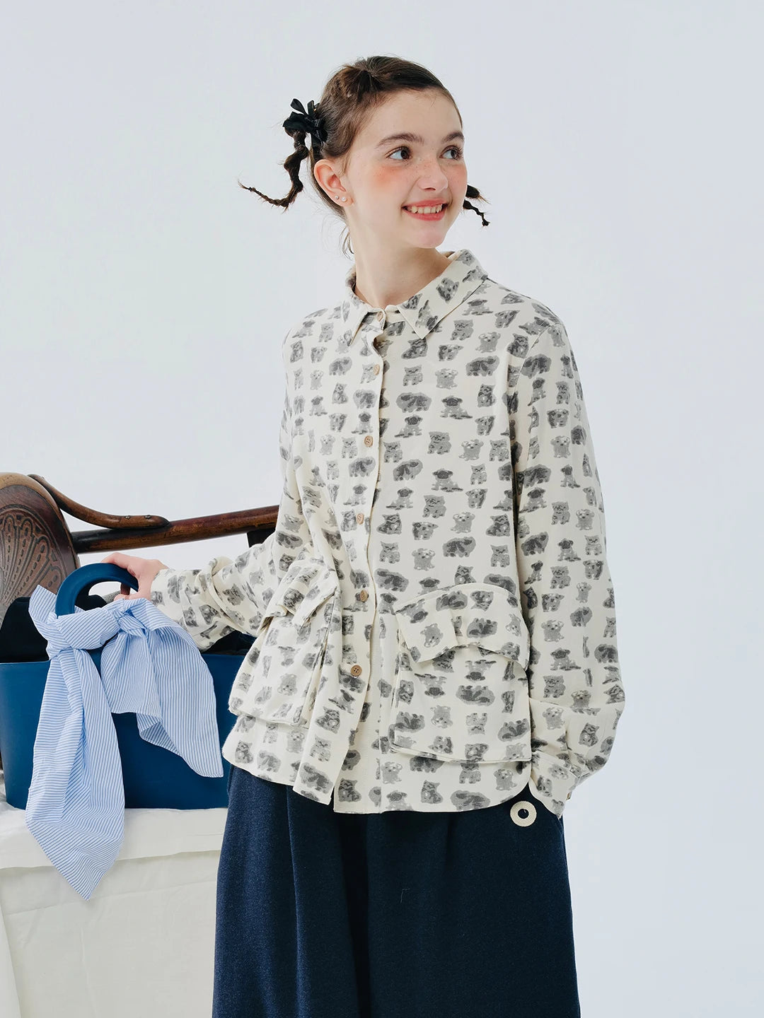 VILZSTUDIOS Lapel Cartoon Print Long Sleeve Shirt
