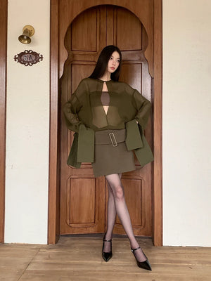 VILZSTUDIOS Elegant Green Sheer Blouse & Mini Skirt