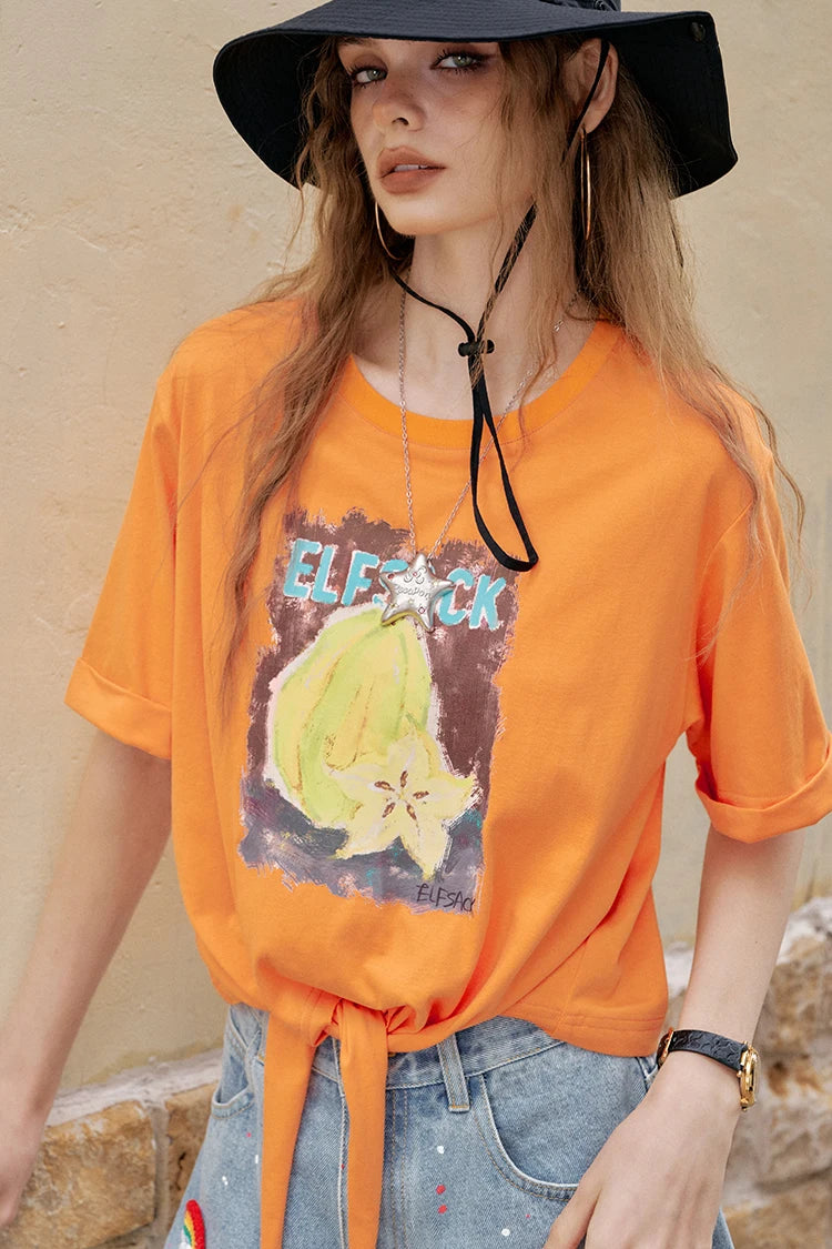 VILZSTUDIOS Fruit Printed Lace-Up Casual T-Shirt