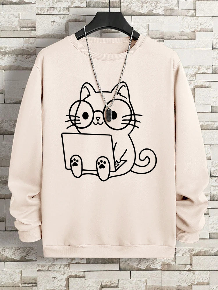VILZSTUDIOS Nerdy Cat Print Loose Long Sleeve Top