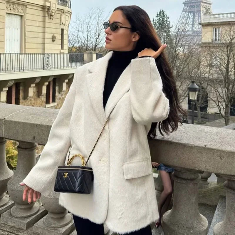 VILZSTUDIOS Elegant White Faux Fur Blazer