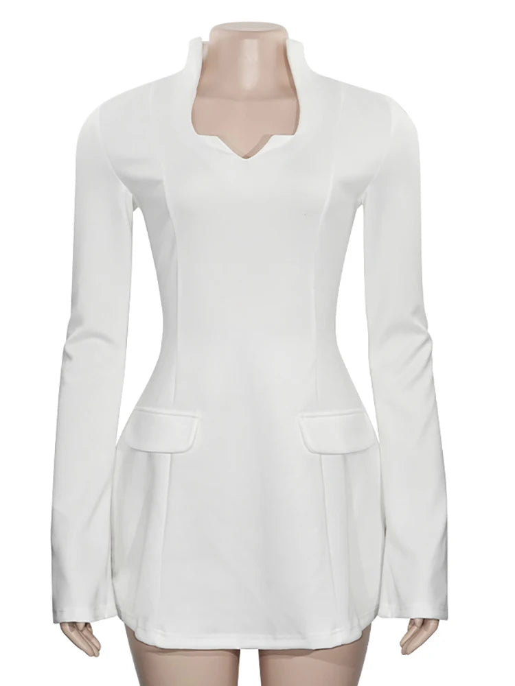 VILZSTUDIOS Elegant Sexy Deep V-Neck White Dress