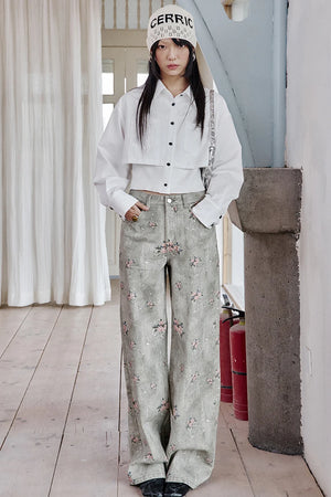 VILZSTUDIOS Retro Flower Printed Wide Leg Jeans