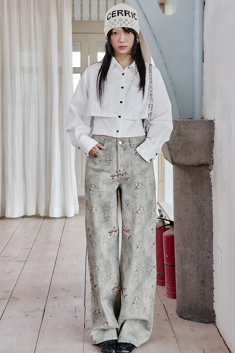 VILZSTUDIOS Retro Flower Printed Wide Leg Jeans