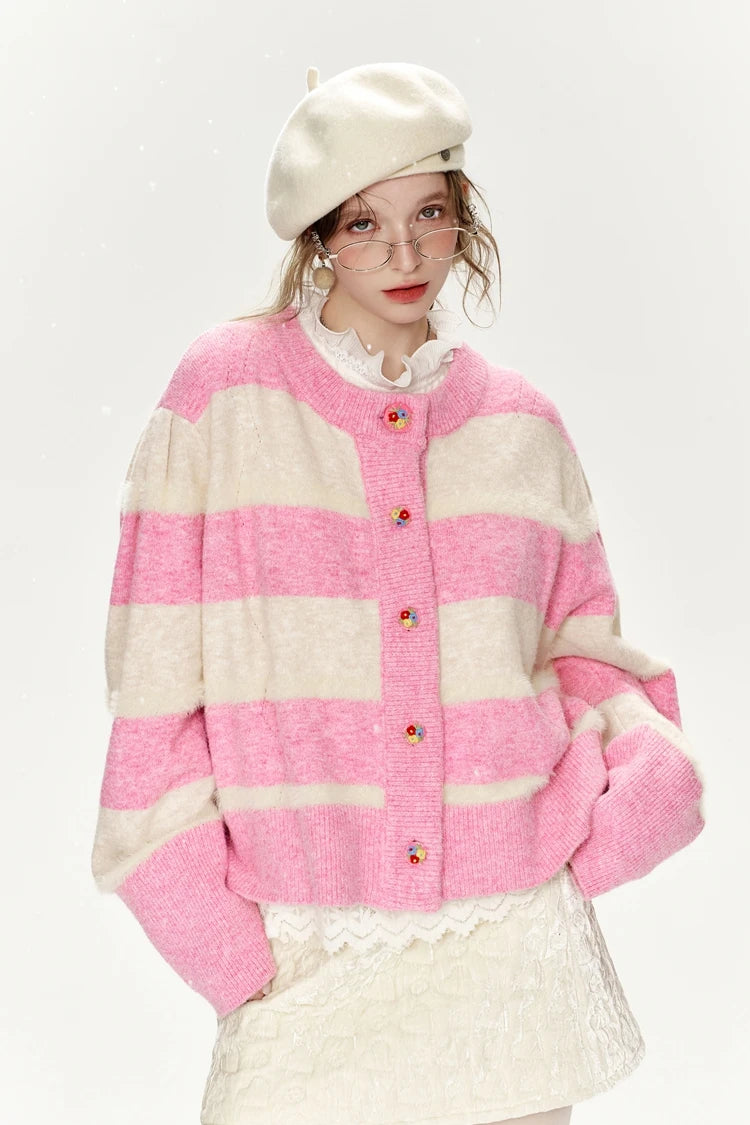 VILZSTUDIOS Pink Striped Floral Cardigan