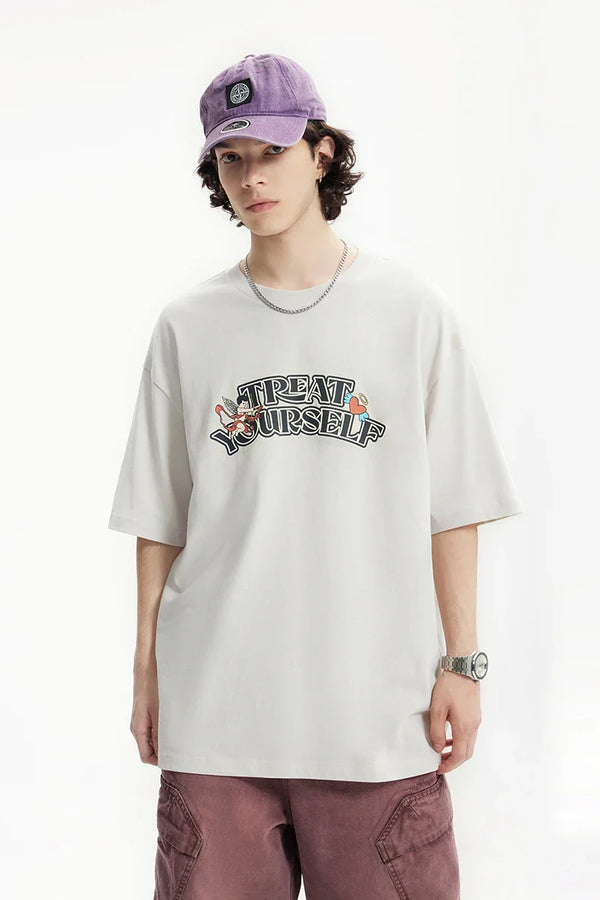 Lockeres, kurzes Baumwoll-T-Shirt mit Cupid-Aufdruck