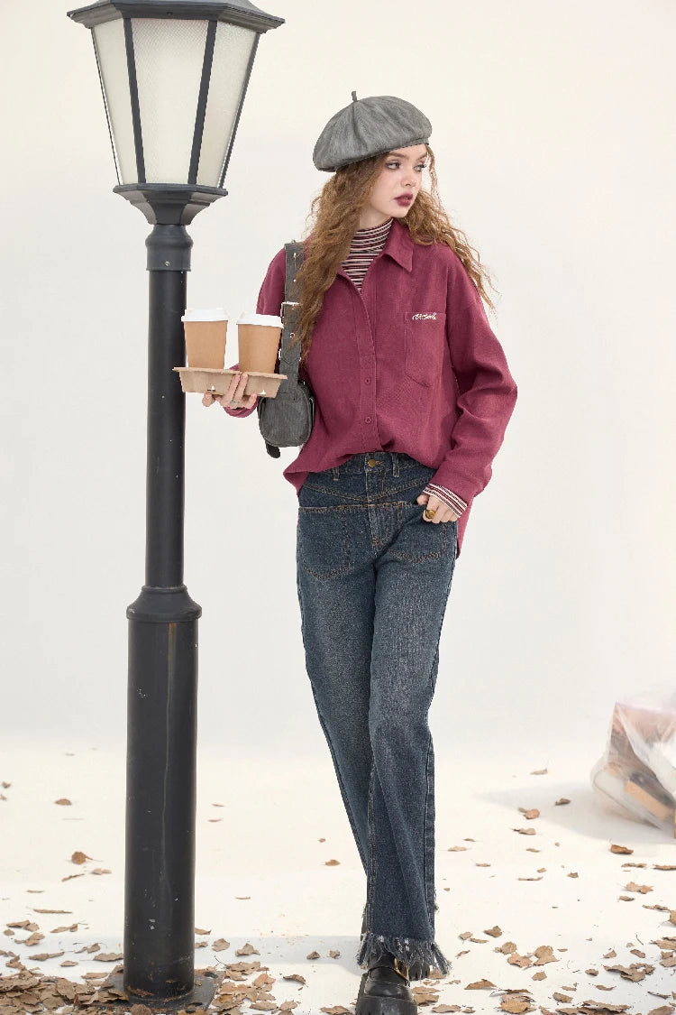 VILZSTUDIOS Velvet Red Embroidery Shirt