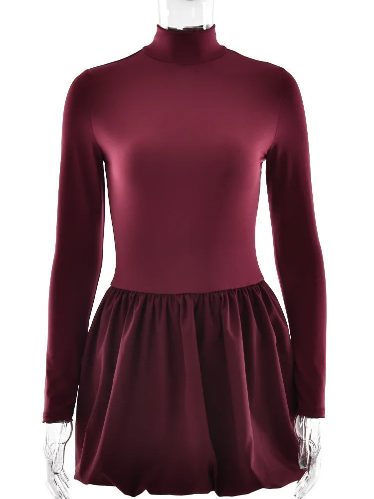 VILZSTUDIOS Burgundy Patchwork Turtleneck Long Sleeve Mini