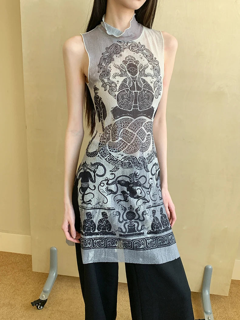 VILZSTUDIOS Snake Graphic Sleeveless Mesh Turtleneck Tank Top