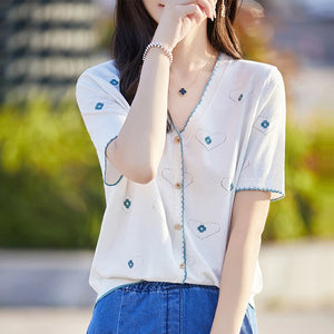 VILZSTUDIOS Embroidered Casual V-Neck Light Cardigan