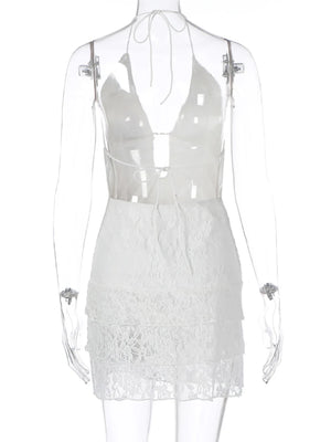 VILZSTUDIOS Seductive Lace Halter White Mini Dress
