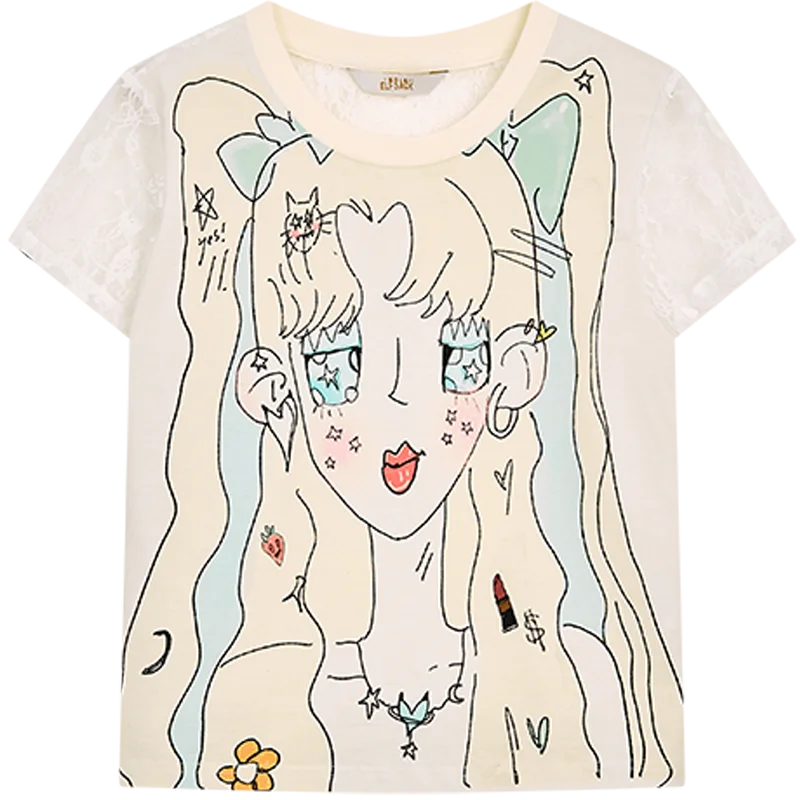 VILZSTUDIOS Sweet Lace Splicing Anime Print T-Shirt