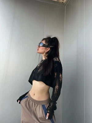 VILZSTUDIOS Black Hollow Knit Mesh Crop Top