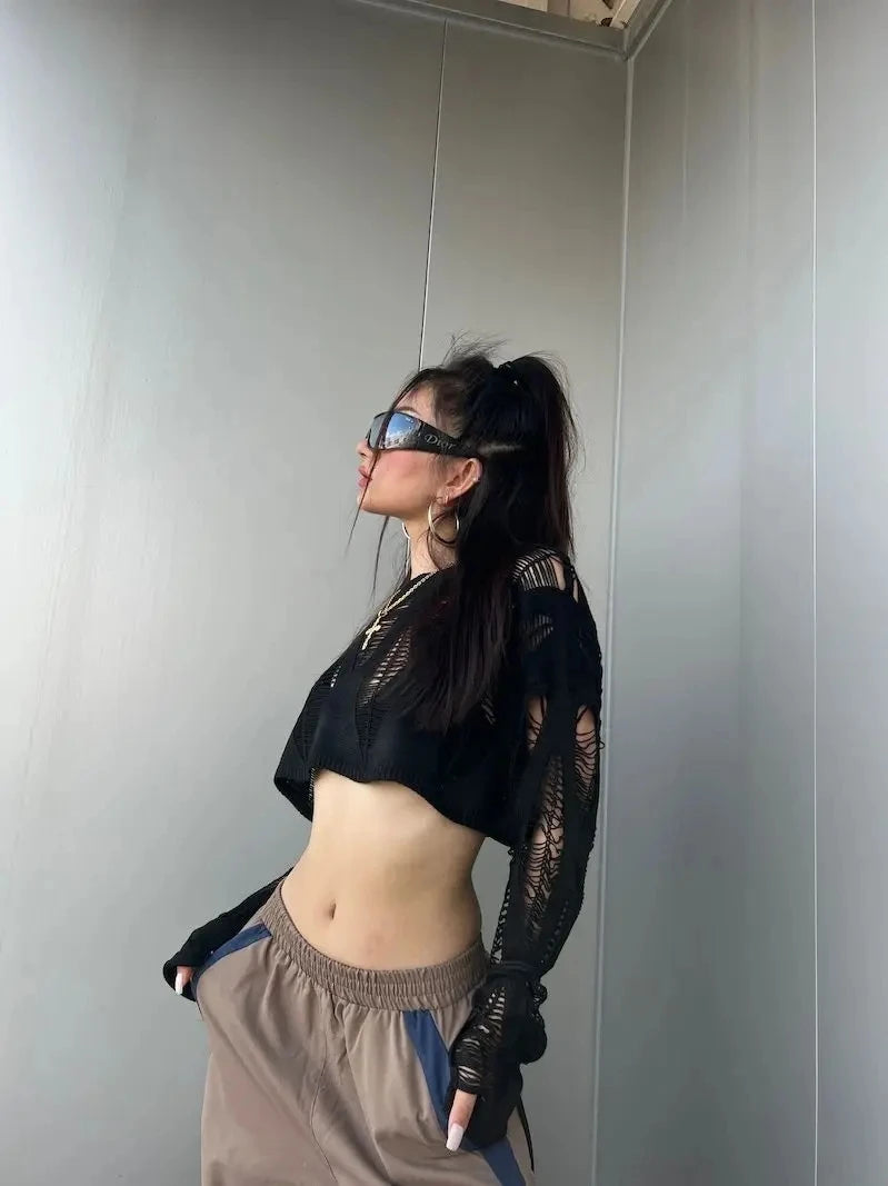 VILZSTUDIOS Black Hollow Knit Mesh Crop Top