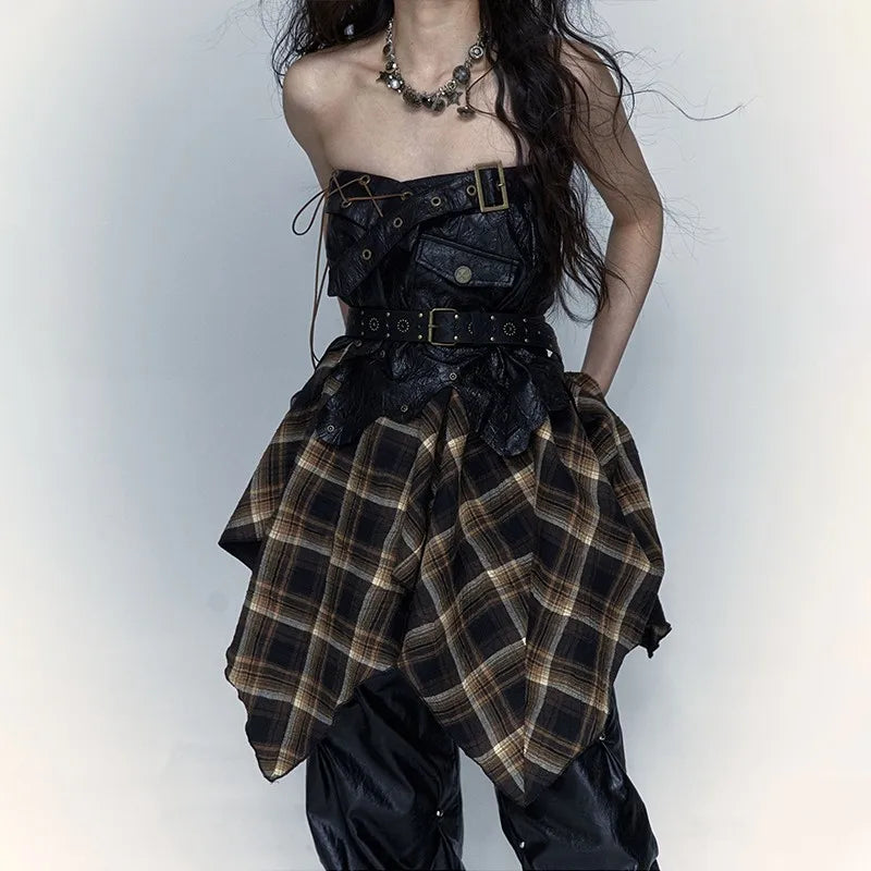 VILZSTUDIOS Vintage Plaid Patchwork Irregular Skirt Gothic