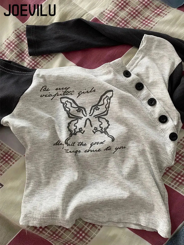 Off Shoulder Butterfly Printed Buttoned Crop Top