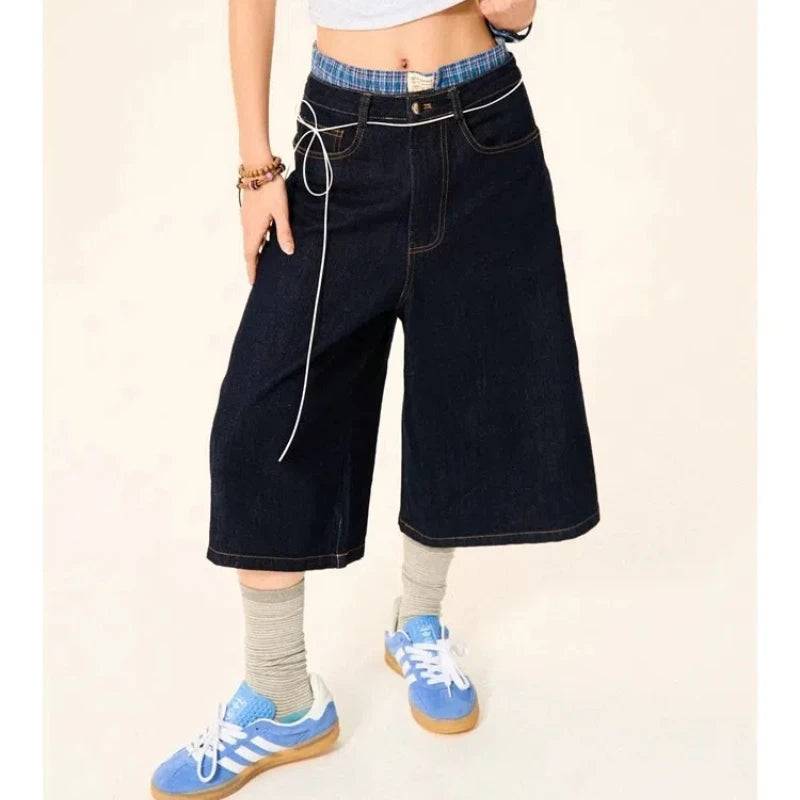 VILZSTUDIOS Vintage Letter Print Denim Shorts Pants