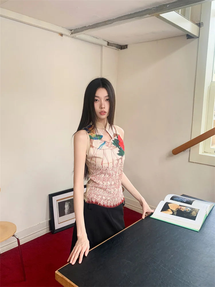 VILZSTUDIOS Vintage Sleeveless Floral Cheongsam Blouse