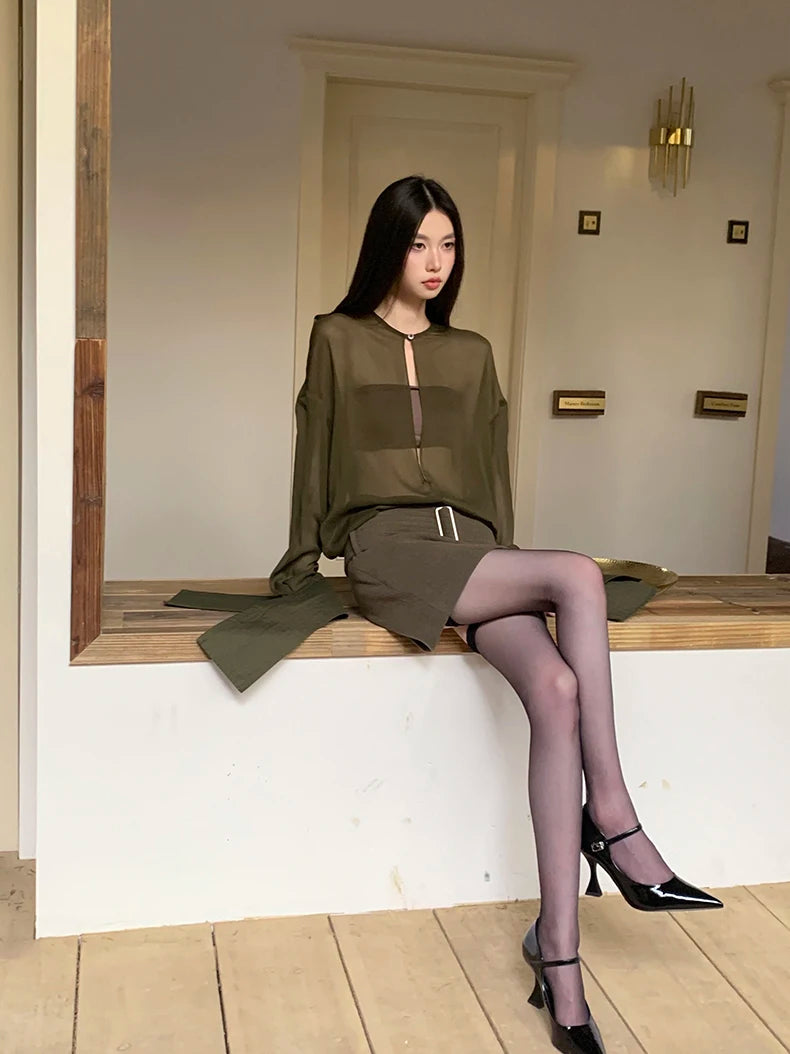 VILZSTUDIOS Elegant Green Sheer Blouse & Mini Skirt