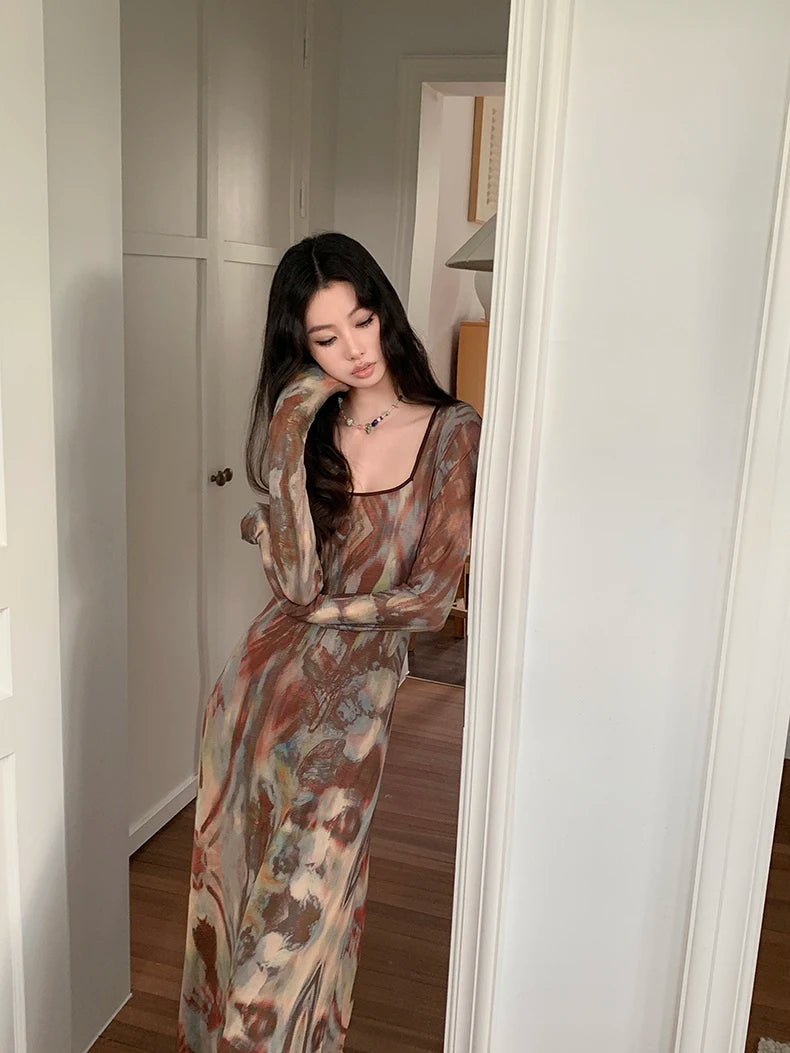 VILZSTUDIOS Brown Abstract Print Long Sleeve Dress
