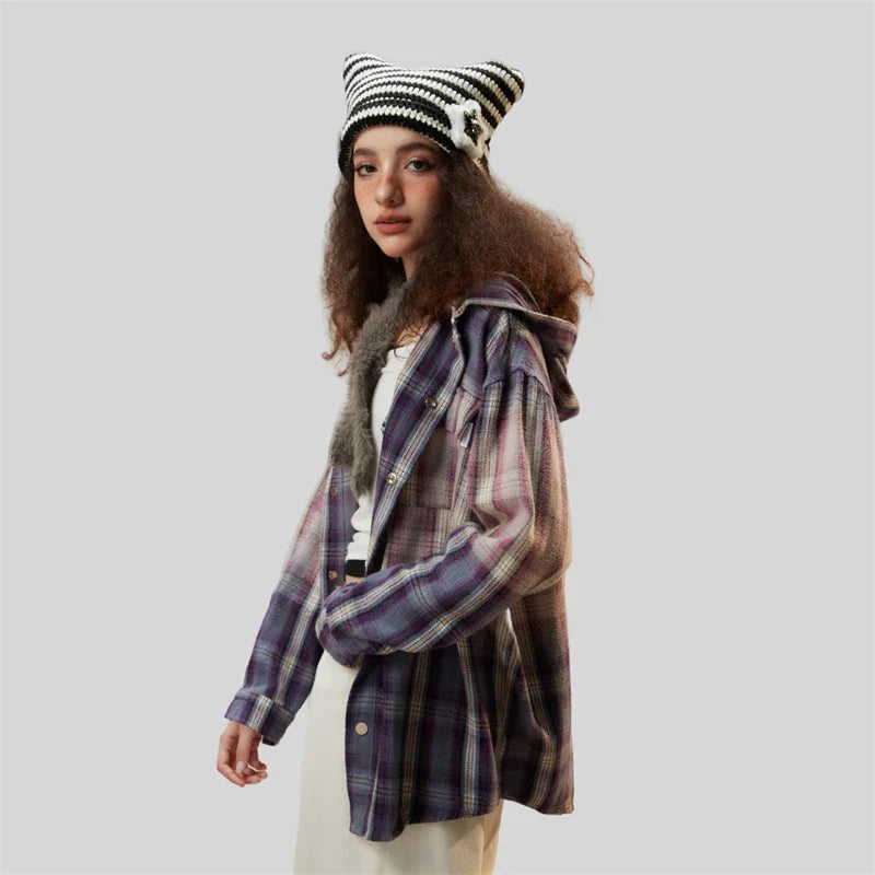 VILZSTUDIOS Luxury Plaid Hooded Pure Cotton Shirt