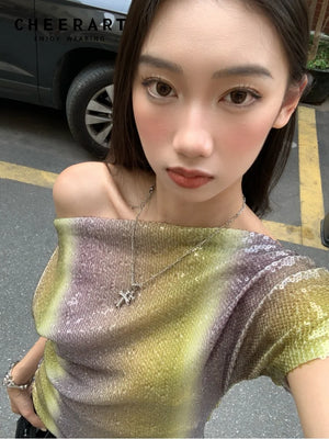 VILZSTUDIOS Gradient Sequin Off Shoulder Blouse & Silver Mini Skirt